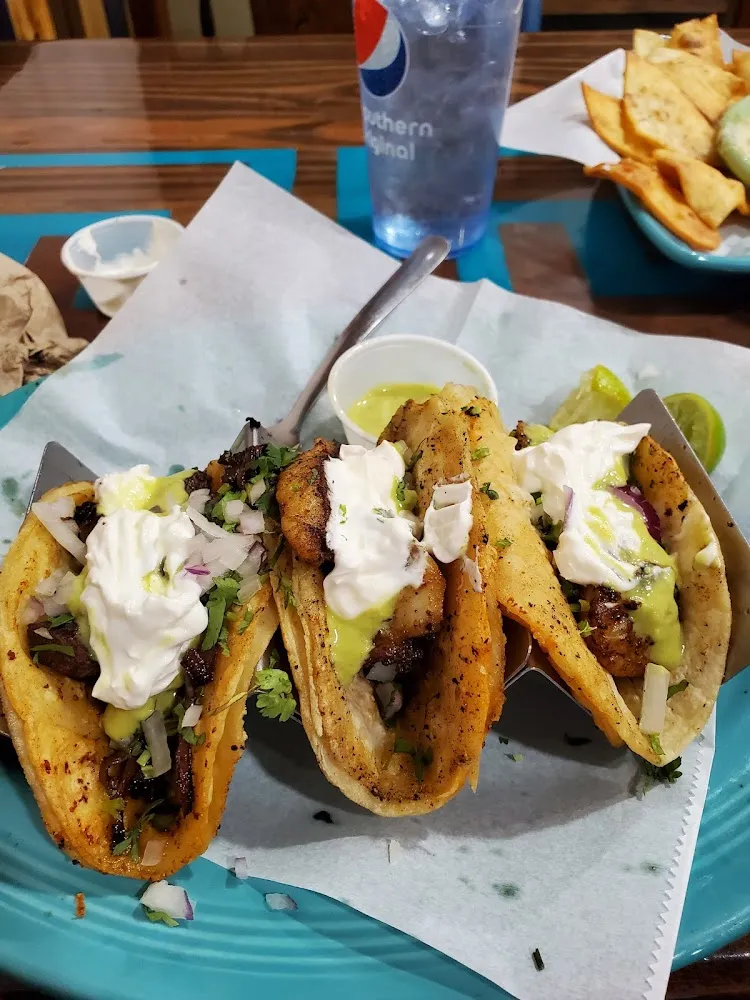 Higado Encebollado Taco Fish Taco and Shrimp Taco